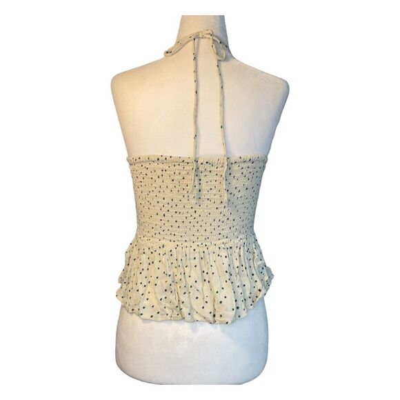 Patrons of Peace Polka Dot Halter Top Cream Navy Smocked Peplum Ruched S - Picture 2 of 7
